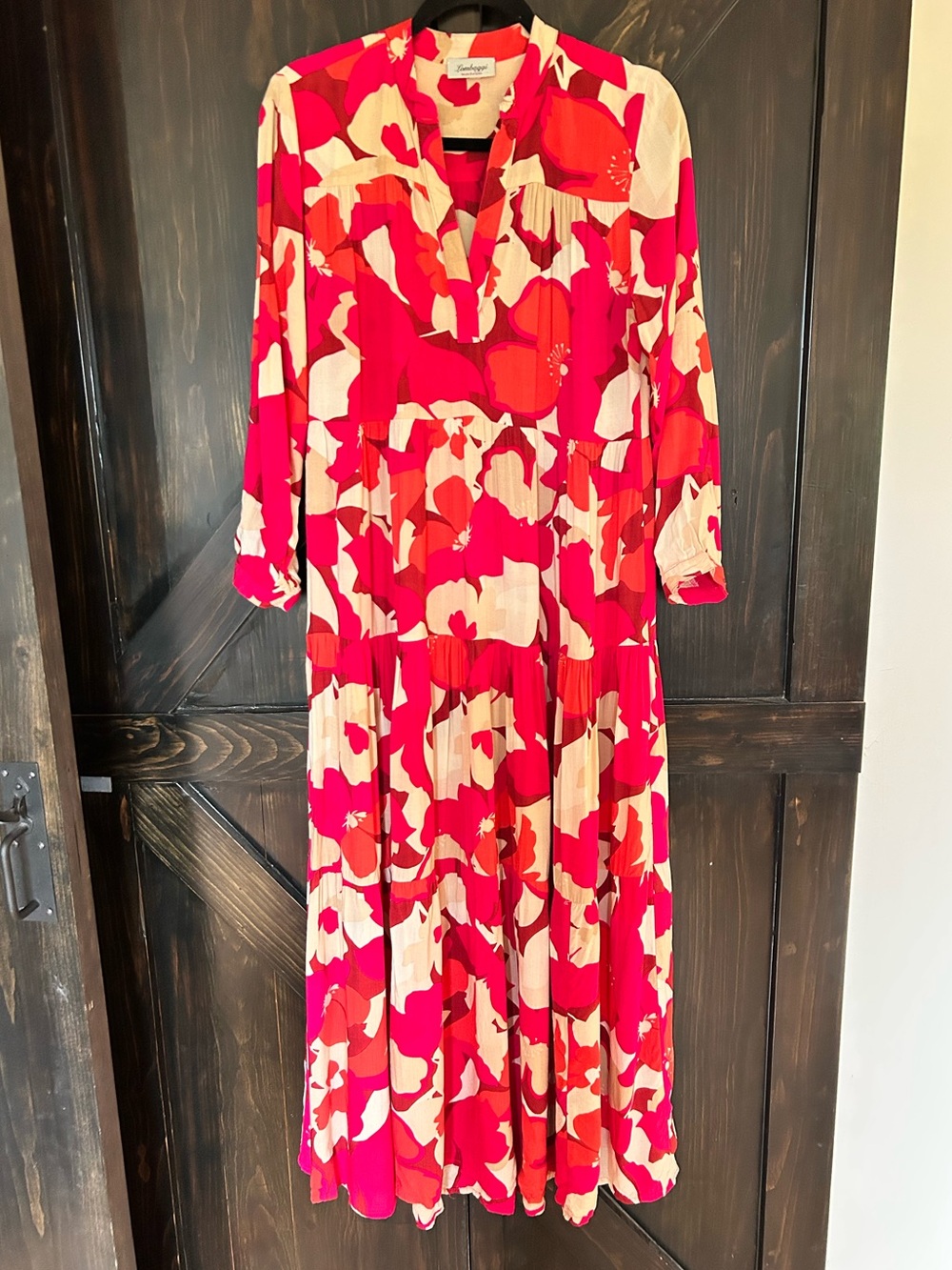 Lombaggi Floral V-Neck Tiered Maxi Dress in Pink & Cream